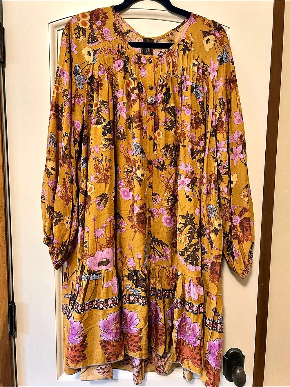 Aratta Silent Journey Floral Tunic Dress. Midi Length, Pleating at the Chest